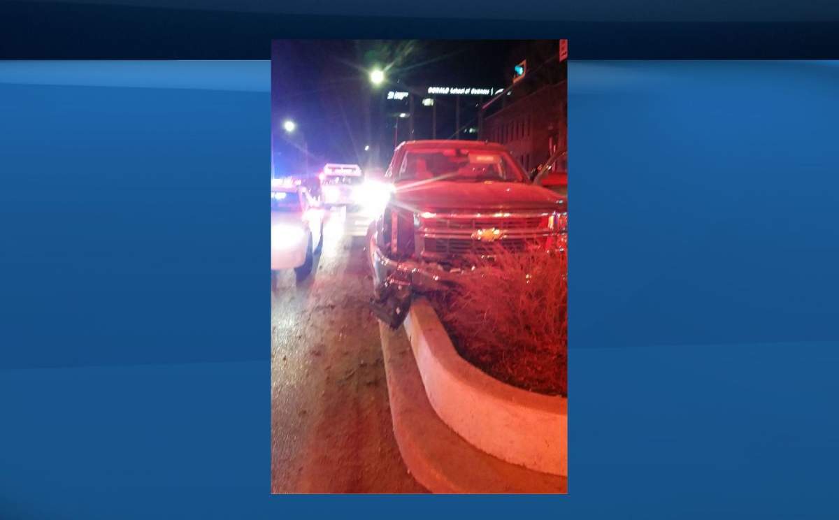 One arrest in Red Deer on Saturday, Dec. 9, 2017 involved a truck hitting a cement flowerbed.