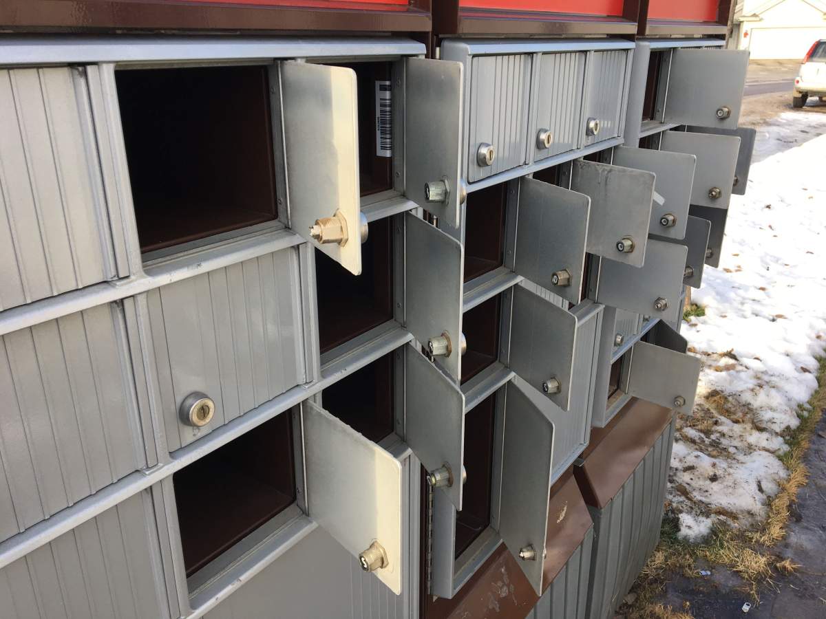 Several mailboxes in this Canada Post block appear to have been pried open in south Edmonton Dec. 12, 2017.
