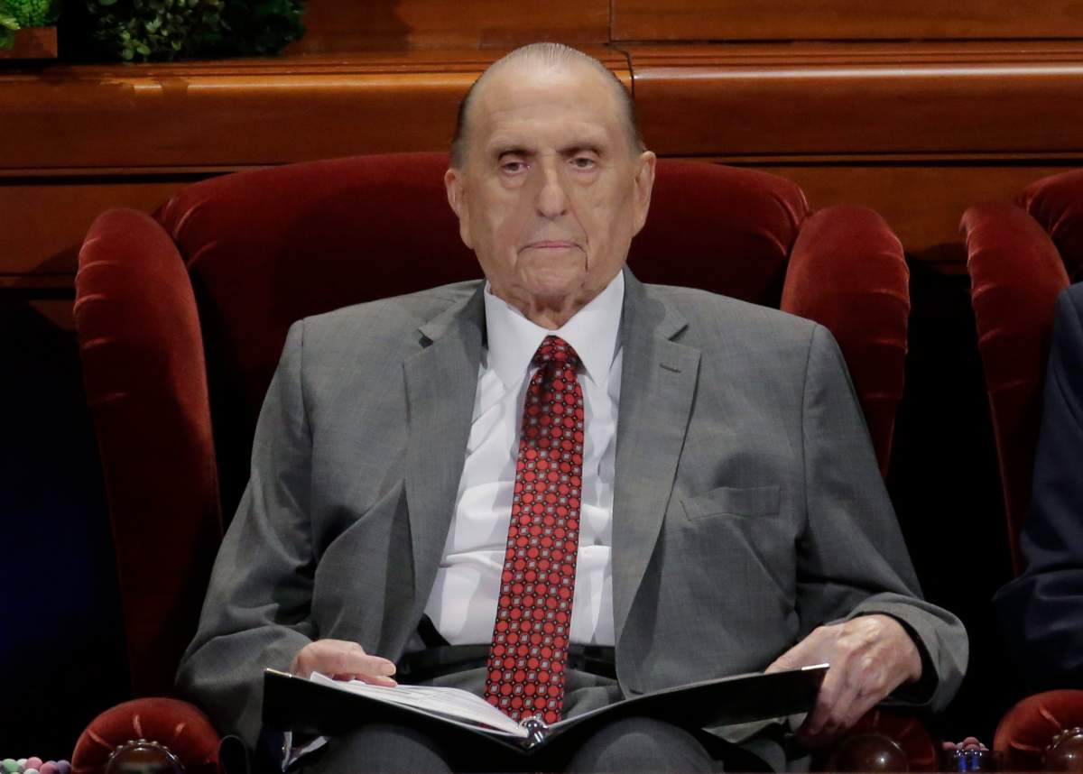 The Church of Jesus Christ of Latter-day Saints President Thomas S. Monson looks on during the morning session of the two-day Mormon church conference Saturday, April 1, 2017, in Salt Lake City.
