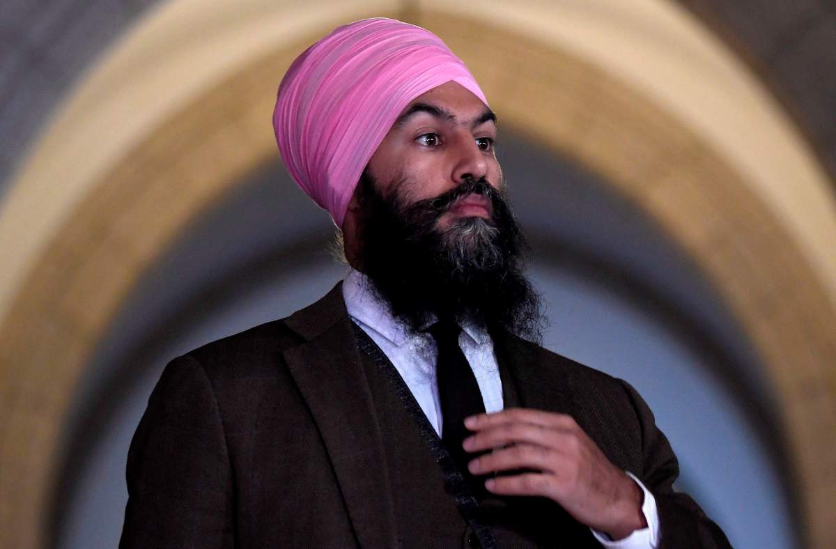 NDP leader Jagmeet Singh arrives to speak to reporters in the Foyer of the House of Commons on Parliament Hill on Wednesday, Dec. 6, 2017. 