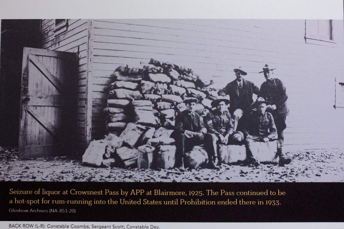 A photograph of seized liquor at the Alberta Provincial Police Barracks historical site in Coleman, Alberta, November 24, 2017.