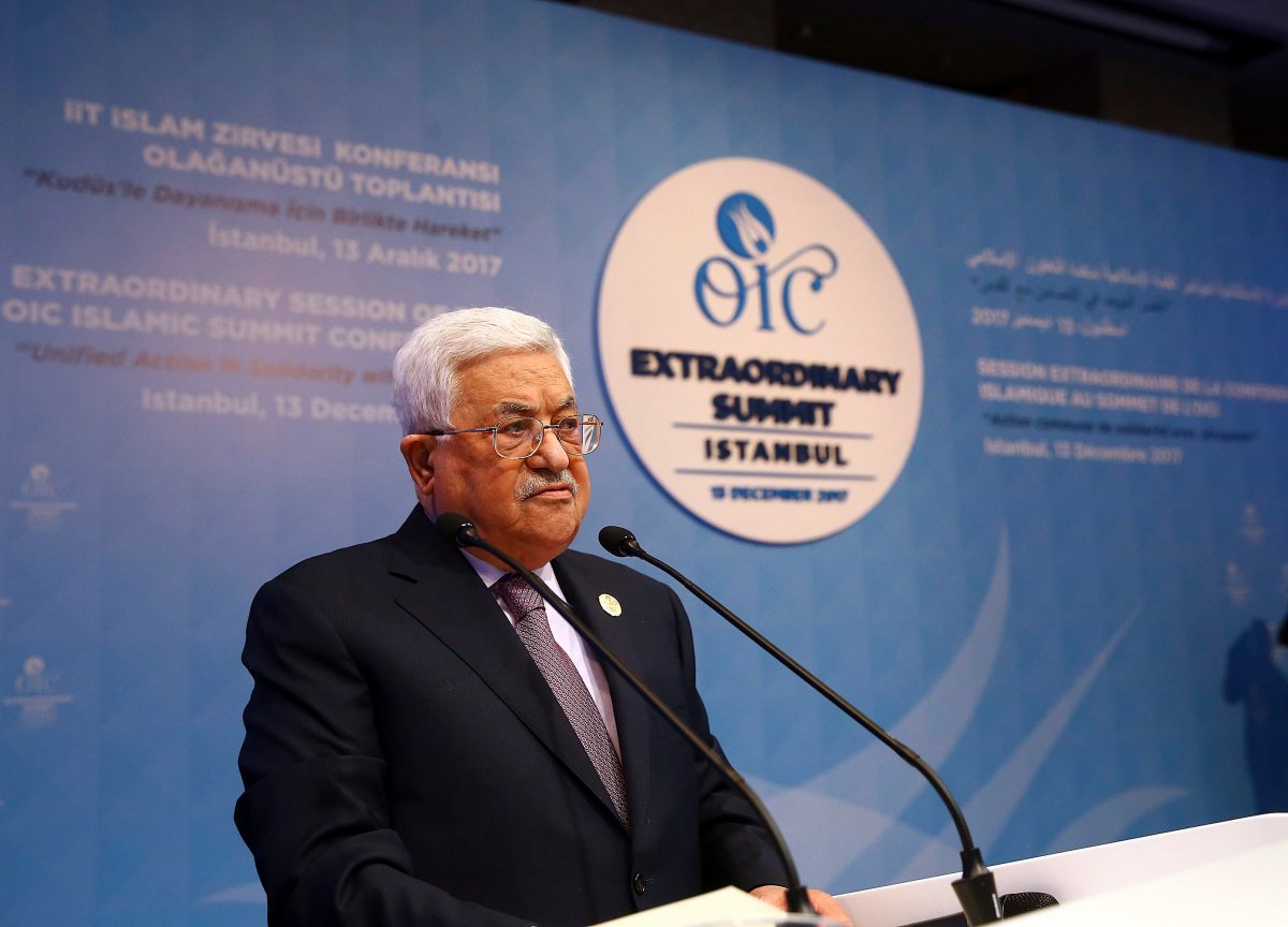 Palestinian President Mahmoud Abbas addresses the Organisation of Islamic Cooperation's Extraordinary Summit in Istanbul, Wednesday.  Abbas said Trump's decision was a "crime" that threatens world peace. 