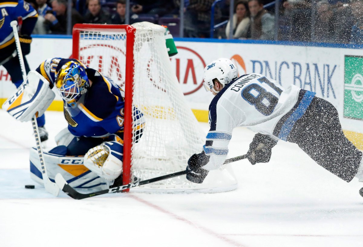 Winnipeg Jets' Kyle Connor (81) is unable to score past St. Louis Blues goalie Carter Hutton, left, during the third period of an NHL hockey game Saturday, Dec. 16, 2017, in St. Louis. (AP Photo/Jeff Roberson).
