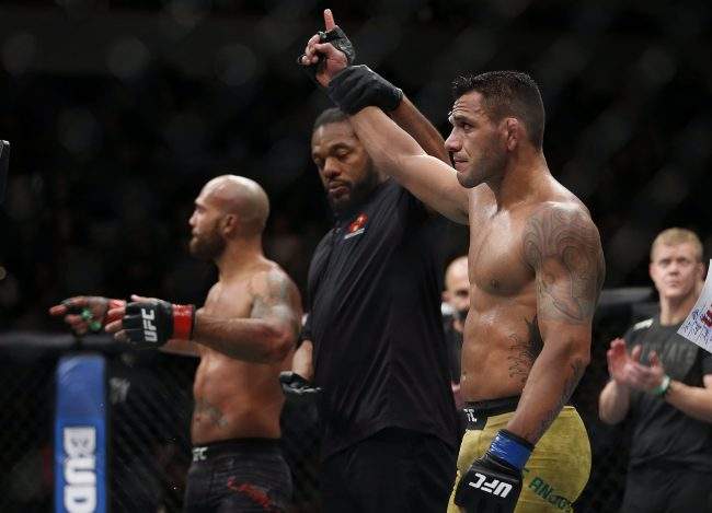 Rafael Dos Anjos celebrates a win over Robbie Lawler in main event action at the UFC Fight Night - Lawler vs Dos Anjos event in Winnipeg on Saturday, December 16, 2017. 