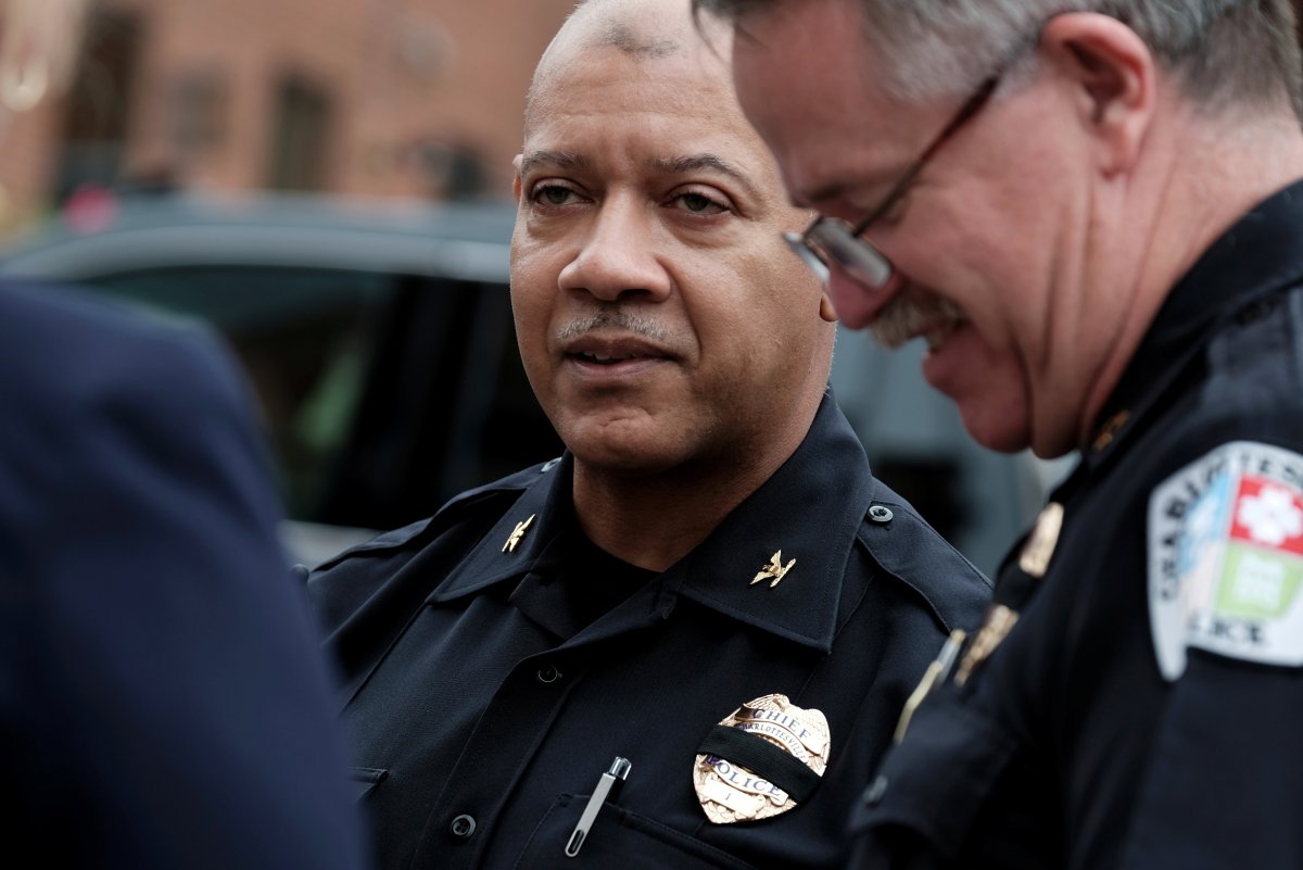 Charlottesville Police Chief Al Thomas (C) speaks to people outside the Charlottesville police headquarters as the city continues to deal with the repercussions of violence that erupted at the white nationalist "Unite the Right" rally in Charlottesville, Virginia, August 14, 2017.