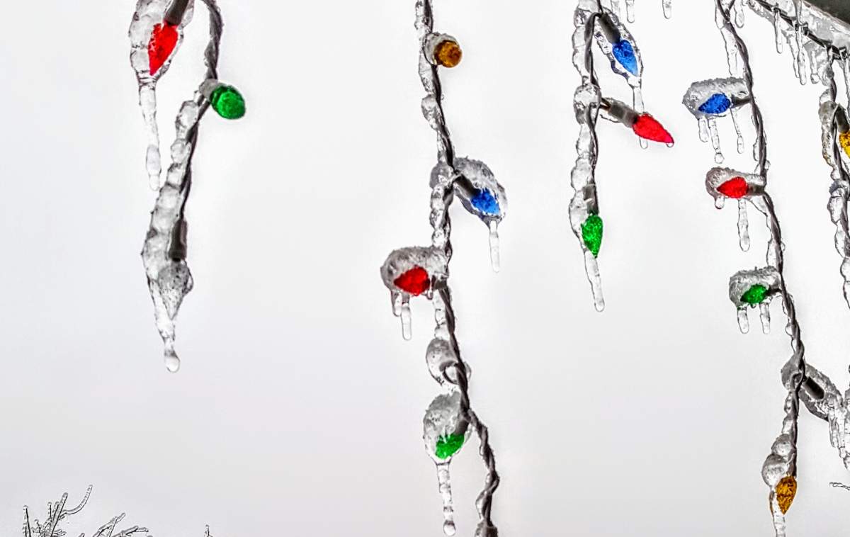 Frozen Christmas lights after an ice storm through the Fraser Valley.