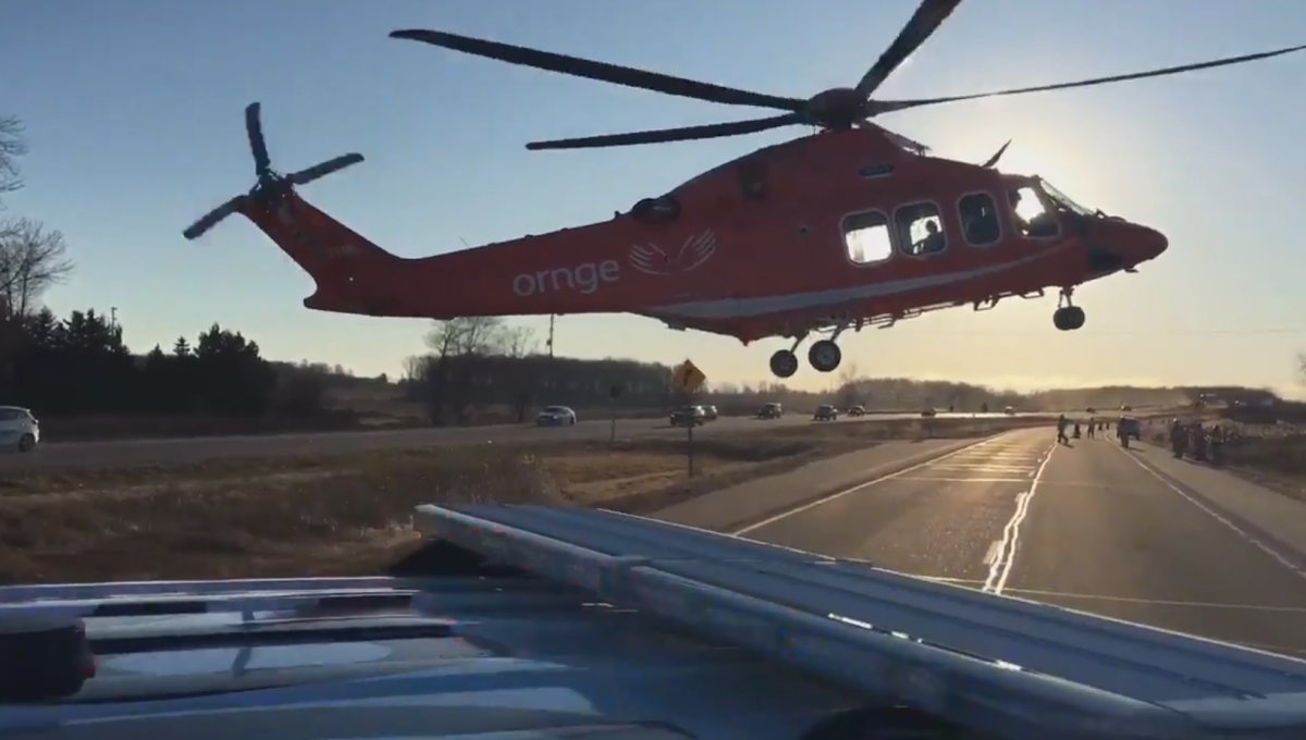 Air ambulance arrives on scnee of a chain reaction on the Hwy 402 near Strathroy. (courtesy of OPP twitter).