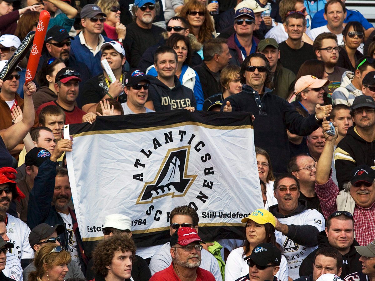 Fans display an Atlantic Schooners banner at the Toronto-Edmonton CFL game at Moncton Stadium in Moncton, N.B. on  Sunday, Sept. 26,  2010. 