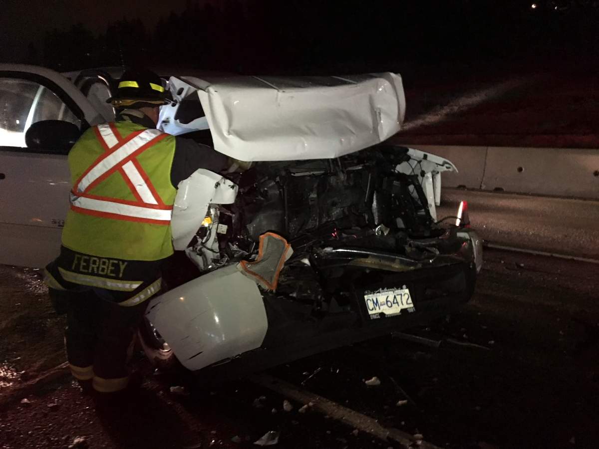 Emergency crews attend to a chain reaction rear-ender on Highway 97 next to Stevens Road in West Kelowna. 