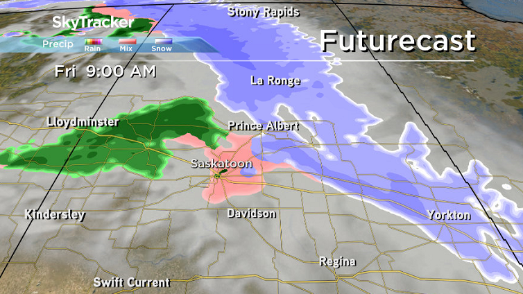 A messy mix of precipitation may push through central Saskatchewan as a system slides through on Friday.
