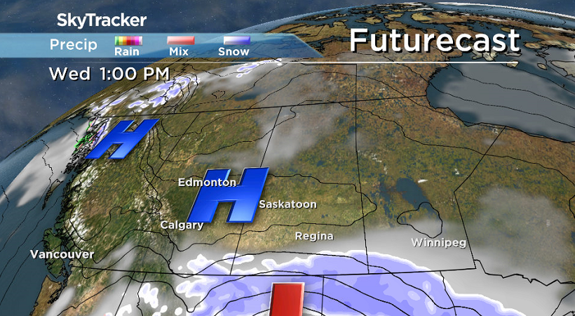 An arctic high pressure system in place will keep conditions cool on Wednesday as snow falls in extreme southern Saskatchewan.