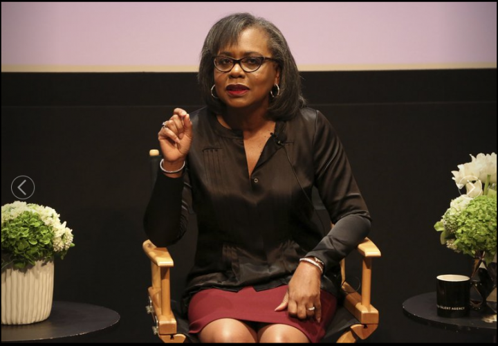 In this Dec. 8, 2017 file photo, Anita Hill speaks at a discussion about sexual harassment and how to create lasting change from the scandal roiling Hollywood at United Talent Agency in Beverly Hills, Calif. Hollywood executives and other major players in entertainment have established a commission to be chaired by Hill that intends to combat sexual misconduct and gender inequities across the industry. 