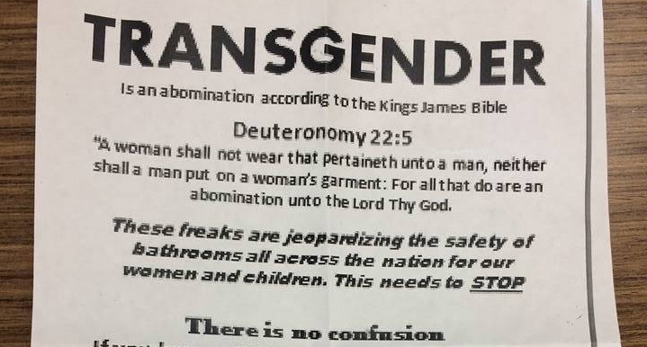 The flyers describe transgender people as "an abomination.".