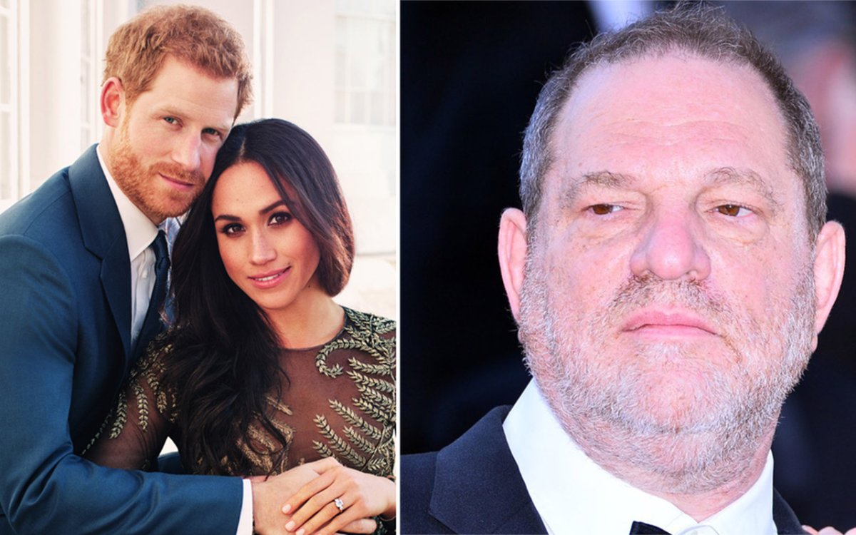 (L-R): Prince Harry and Meghan Markle's engagement photo and Harvey Weinstein.