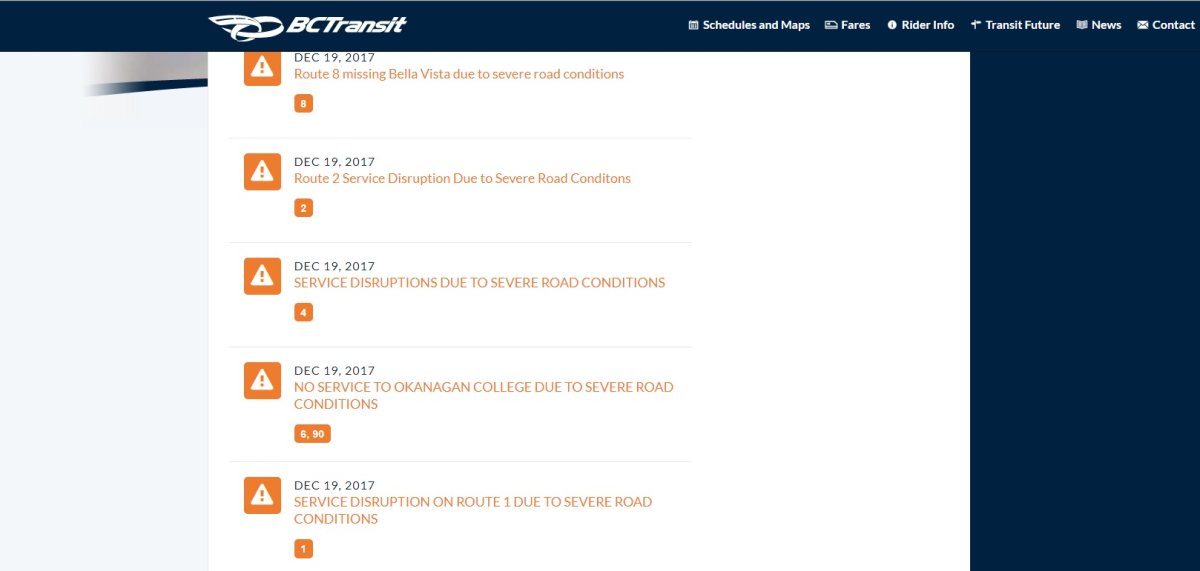 Service disruptions for Vernon listed on the BC Transit website on Tuesday. 