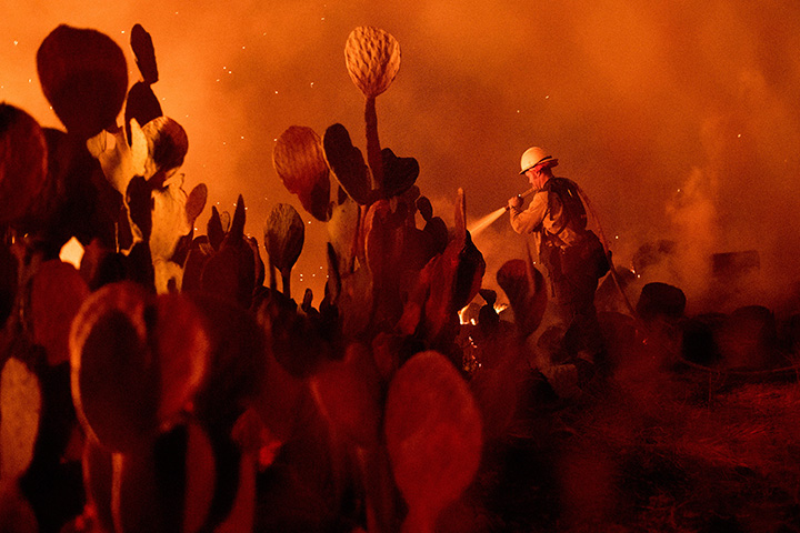 A firefighter battles a wildfire in Ojai, Calif., on Thursday, Dec. 7, 2017.