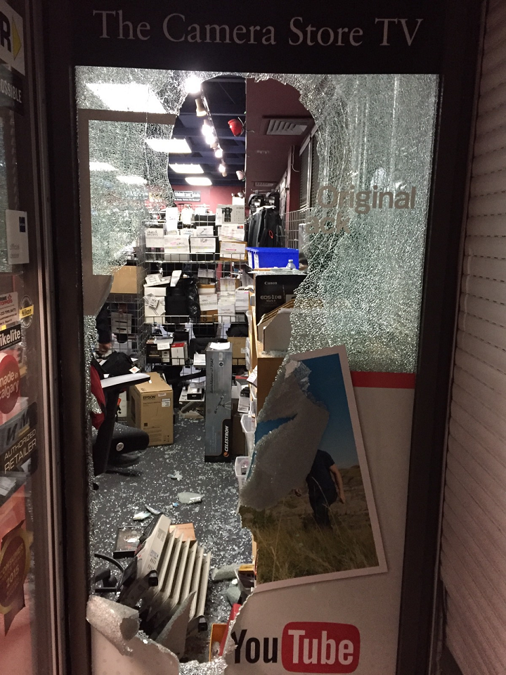 The damage after a break in at The Camera Store in Calgary.