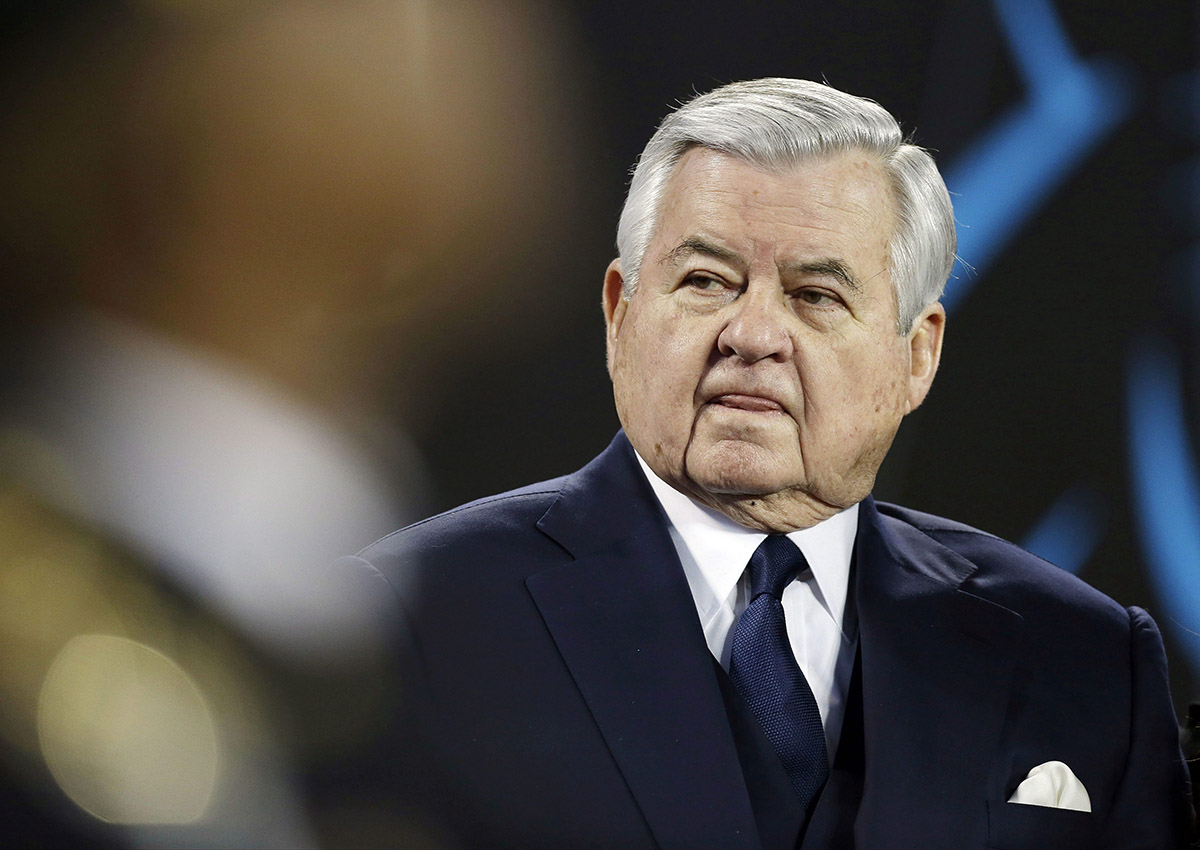 In this Sunday, Jan. 24, 2016 file photo, Carolina Panthers owner Jerry Richardson watches before the NFL football NFC Championship game against the Arizona Cardinals in Charlotte, N.C. 