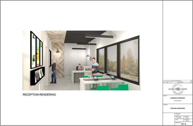 This is what the end of cannabis prohibition will look like in New Brunswick: An upscale showroom with black ceilings, grey walls and a once-illicit drug displayed in brightly lit glass cases as shown in this artist rendering.