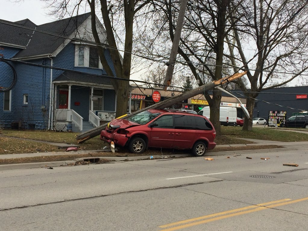 A vehicle struck a hydro pole on Oxford St. between Adelaide St. and William St. on Tuesday, Dec. 5, 2017.