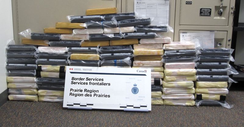 Bricks of what is suspected to be cocaine, seized at the Coutts border crossing on Saturday, Dec. 2, 2017.