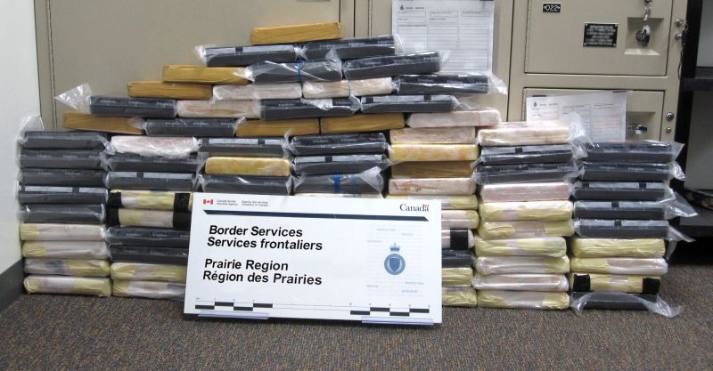 Bricks of what is suspected to be cocaine, seized at the Coutts border crossing on Saturday, Dec. 2, 2017. 