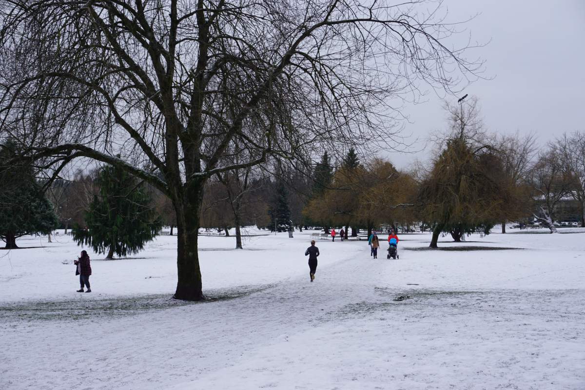 Snow on the ground at Trout Lake in East Vancouver on Dec. 25, 2017.