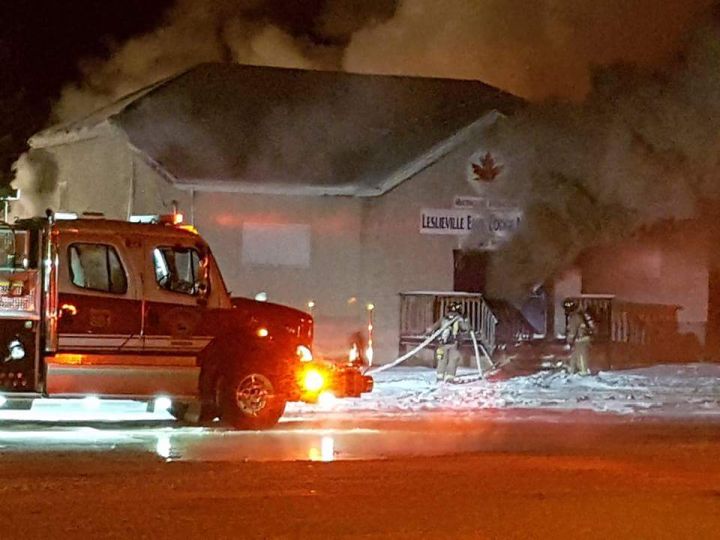 The Elks Lodge in Leslieville, Alta. was destroyed by fire Friday, Dec. 29, 2017.