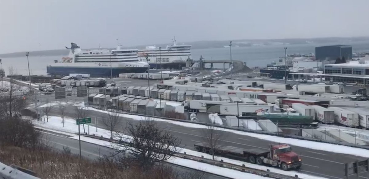 A look at the backlog of traffic at the Marine Atlantic parking lot in North Sydney, N.S. on Dec. 22. 