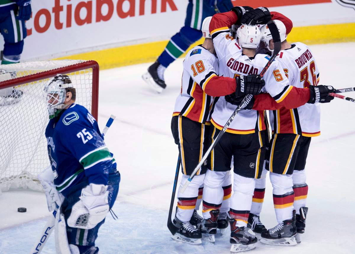 Vancouver Canucks goalie Jacob Markstrom (25) skates past as Calgary Flames defenceman Mark Giordano (5) celebrates his goal with his teammates during the second period NHL action in Vancouver, Sunday, Dec. 17, 2017. THE CANADIAN PRESS/Jonathan Hayward.