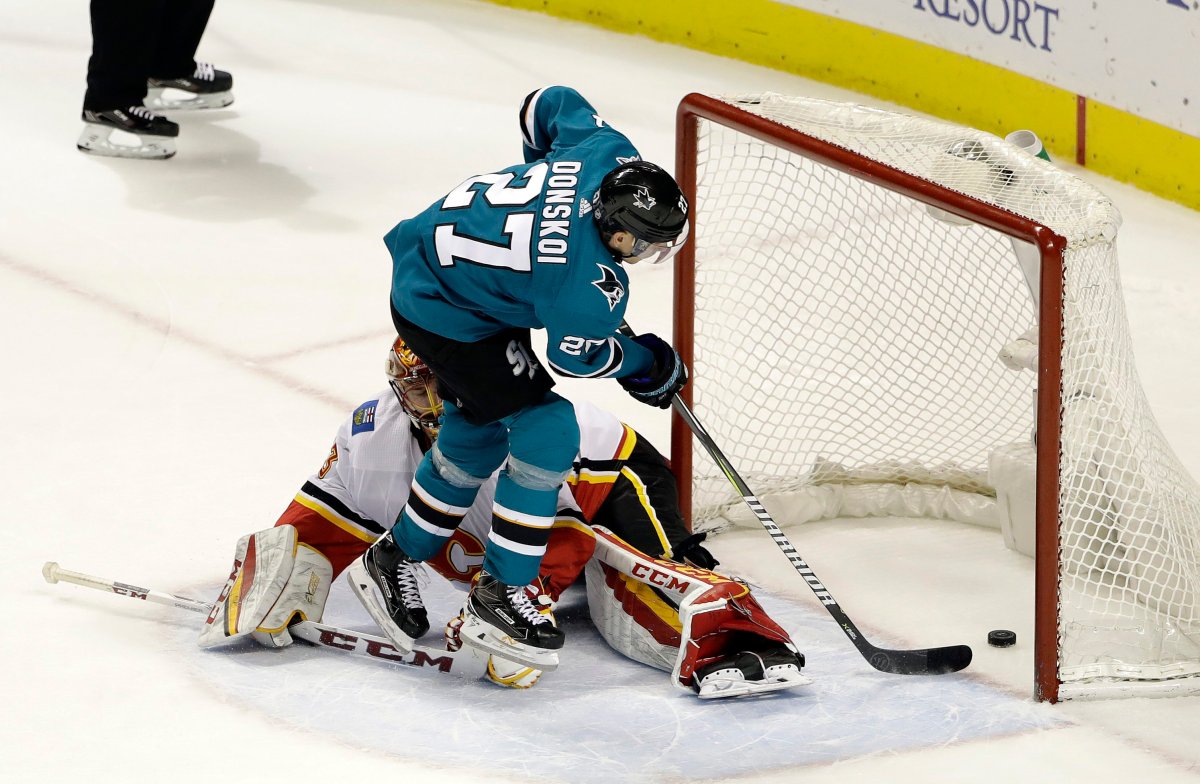 San Jose Sharks' Joonas Donskoi (27) scores the game-winning goal past Calgary Flames goalie David Rittich during a shootout in an NHL hockey game Thursday, Dec. 28, 2017, in San Jose, Calif. San Jose won 3-2. (AP Photo/Marcio Jose Sanchez).