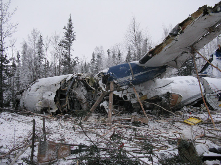 Left side view of the front of the ATR-42 that crashed just after taking off from the Fond du Lac airport in northern Saskatchewan on Dec. 13, 2017.