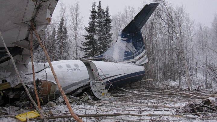 Left side view of the ATR-42 that crashed just after taking off from the Fond du Lac airport in northern Saskatchewan on Dec. 13, 2017.