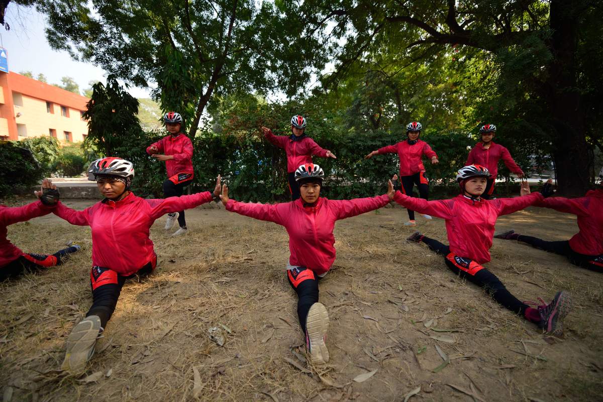 Kung Fu nuns performing their training on Jan. 4, 2016 in New Delhi, India.  (Photo by Pradeep Gaur /Mint via Getty Images)