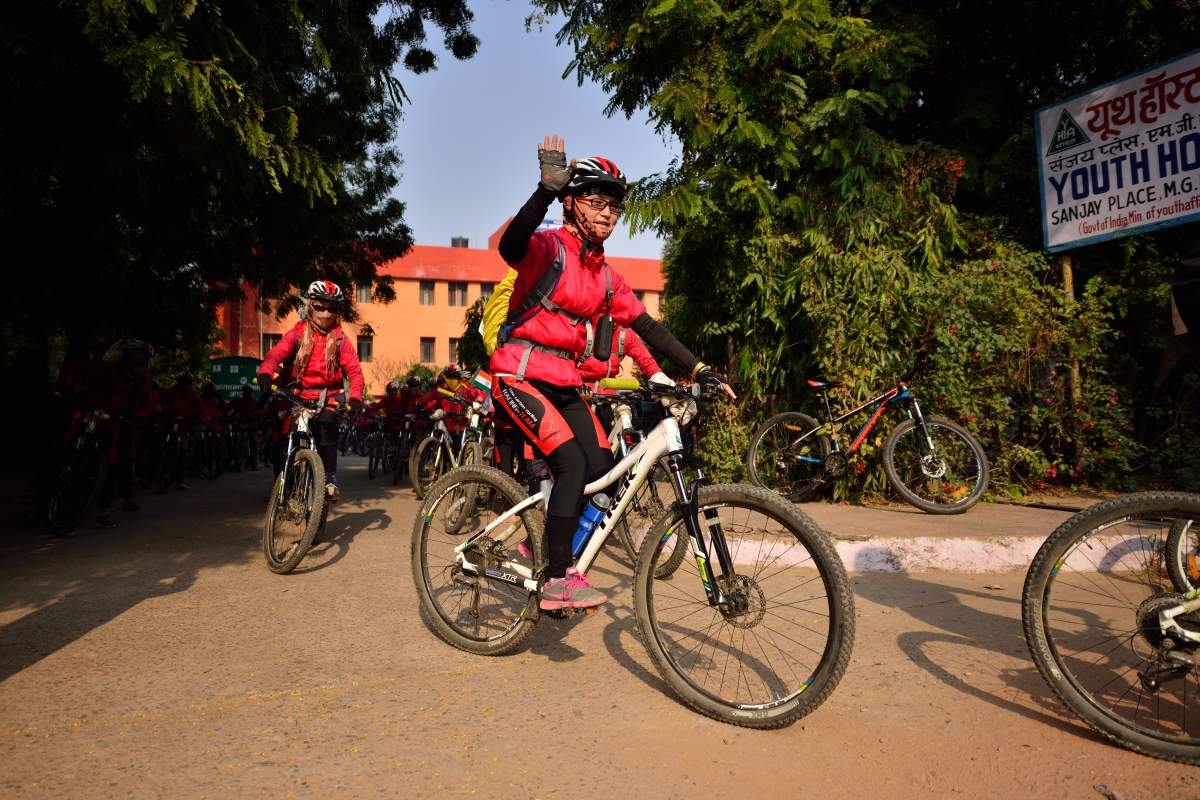 Kung Fu nuns on cycle tour from Kathmandu to New Delhi with a message of women empowerment and to raise awareness on environment protection on Jan. 4, 2016 in New Delhi, India.  (Photo by Pradeep Gaur /Mint via Getty Images)