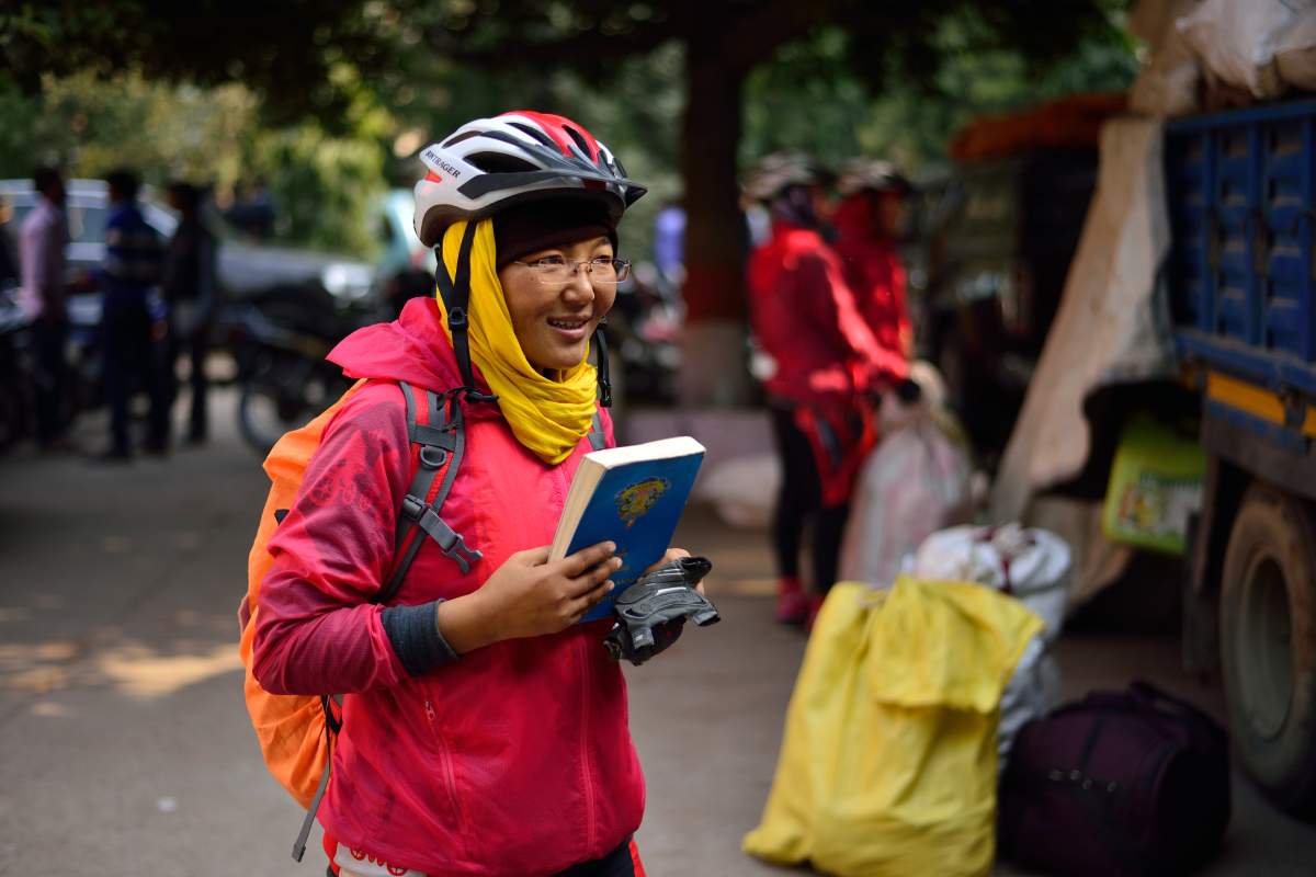 Kung Fu nuns all set for their cycle tour from Kathmandu to New Delhi with a message of women empowerment and to raise awareness on environment protection on Jan. 4, 2016 in New Delhi, India. (Photo by Pradeep Gaur /Mint via Getty Images)