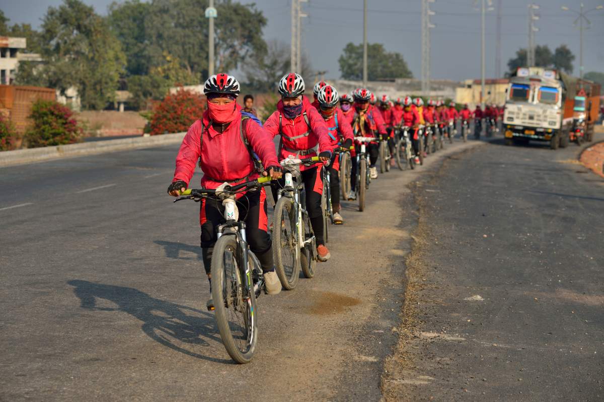Kung Fu nuns on a cycle tour from Kathmandu to New Delhi with a message of women empowerment and to raise awareness on environment protection on Jan. 4, 2016 in New Delhi, India. (Photo by Pradeep Gaur /Mint via Getty Images)