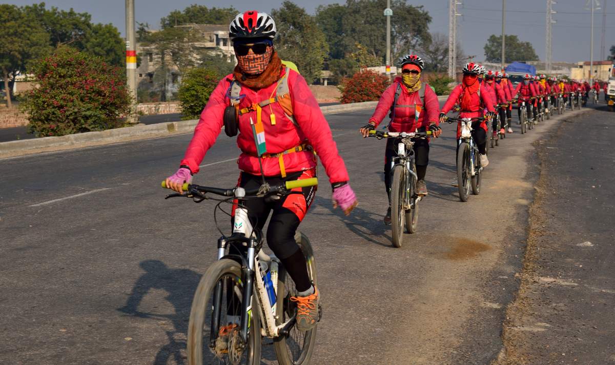 Kung Fu nuns on cycle tour from Kathmandu to New Delhi with message of women empowerment and raise awareness on environment protection on Jan. 4, 2016 in New Delhi, India. (Photo by Pradeep Gaur /Mint via Getty Images)