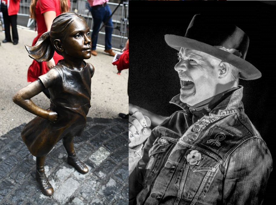 Compilation photo of the Fearless Girl statue in New York and of Gord Downie. 