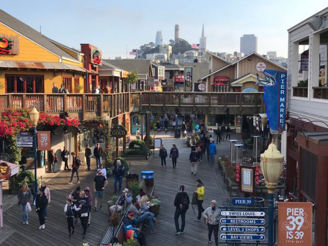 Coit tower & Transamerica Pyramid are seen from Pier 39 at San Francisco Fisherman Wharf on October 18, 2017.