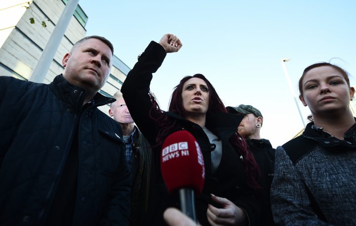 Britain First leader Paul Golding and deputy leader Jayda Fransen talk to the media outside Belfast Laganside Courts after Fransen was released on bail on Dec. 15, 2017 in Belfast, Northern Ireland.