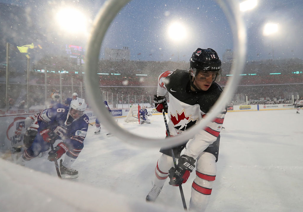 Boris Katchouk (#12) of Canada with the puck in the second period against the United States during the IIHF World Junior Championship at New Era Field on Dec. 29, 2017 in Buffalo, New York.