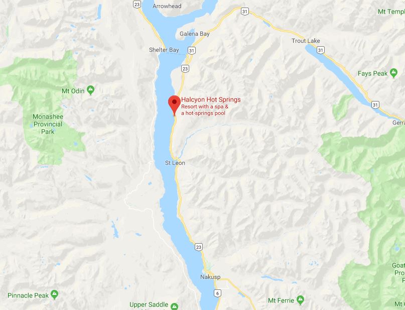 Halcyon Hot Springs is located north of Nakusp.