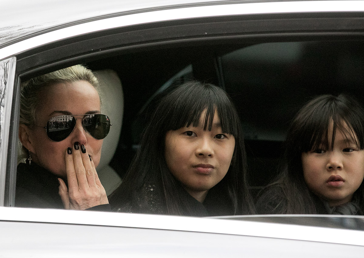 Laeticia Hallyday and her daughters Jade Hallyday and Joy Hallyday are seen during the funeral of Johnny Hallyday at Eglise De La Madeleine on December 9, 2017 in Paris, France.