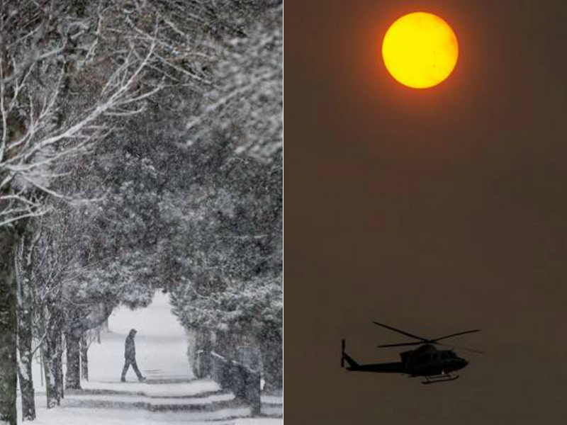 At left, a snowy street in Vancouver in December 2016. At right, the sun is obscured by smoke amid wildfires near Kelowna in September 2017.