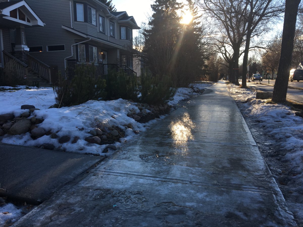 An icy sidewalk in south Edmonton. December 15, 2017.