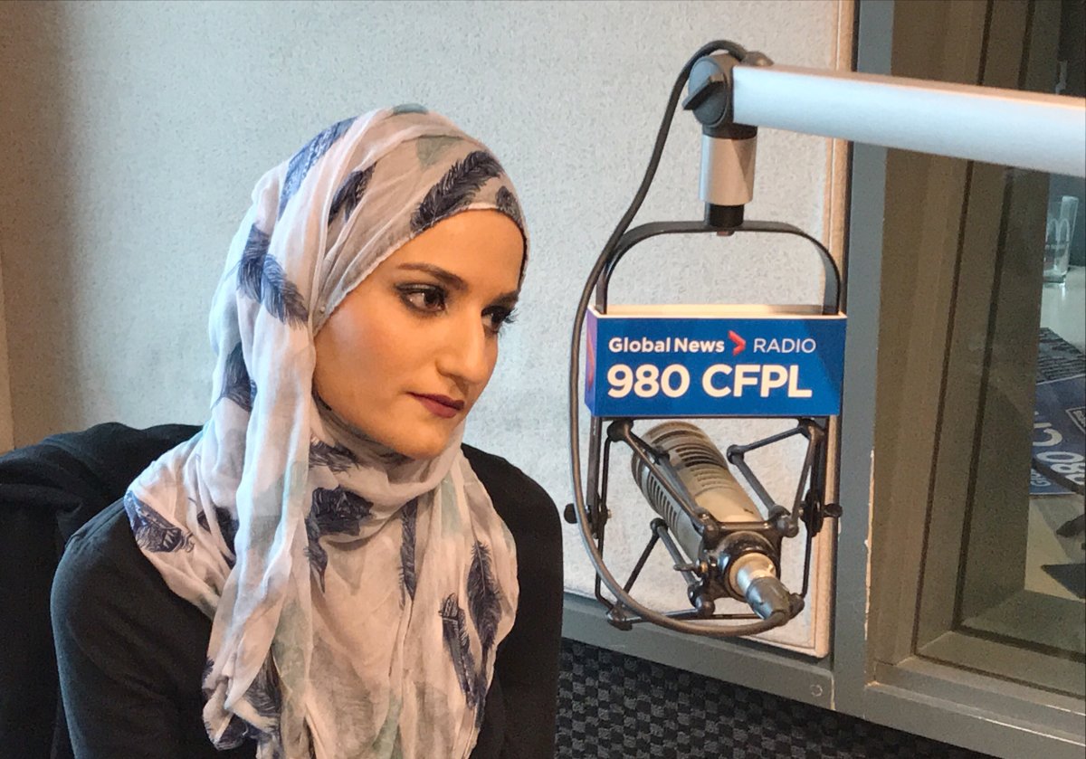 Najwa Zebian speaks on The Andrew Lawton Show on 980 CFPL, in this photo on Dec 21, 2017.