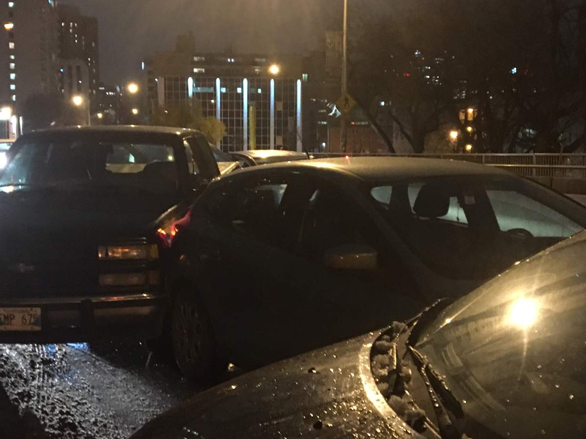 A five car crash on the Donald Street bridge in Winnipeg. 