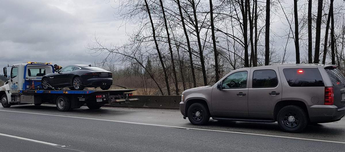 A Jaguar that was towed after the RCMP caught it going 139 km/h in an 80 zone.