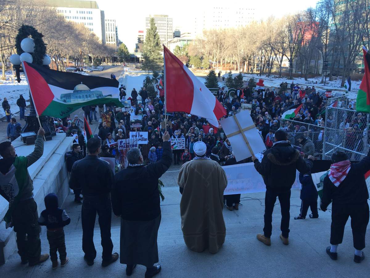The "Hands Off Jerusalem" rally is held outside the Alberta legislature, Sunday, Dec. 10, 2017. 